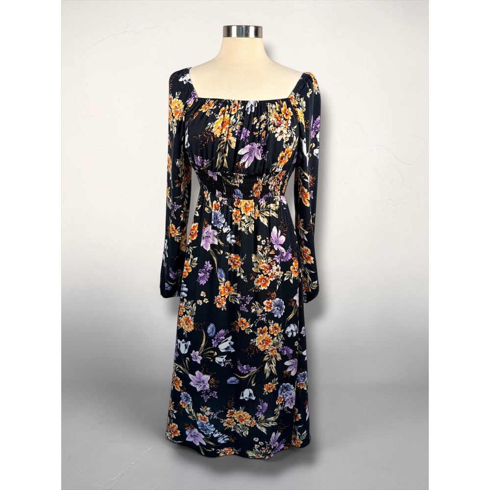 A.BYER Long Balloon Sleeve Black Floral Midi‎ Dress, Medium
